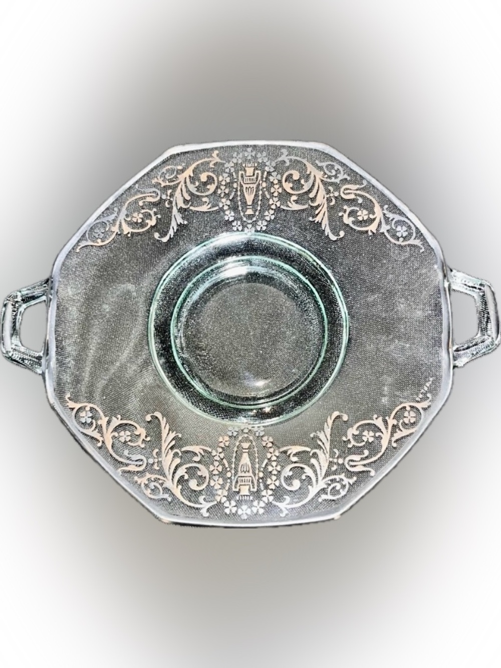 VTG 1920-1940 Octagonal 8" Glass Platter Sterling Silver Floral Overlay Art Deco